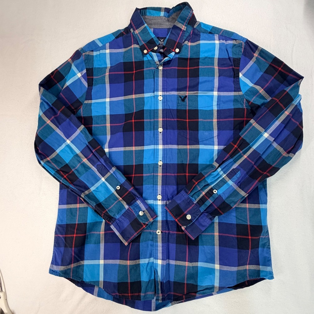 American Eagle Mens Button Down Shirt Large Blue Plaid Classic Fit Long Sleeve